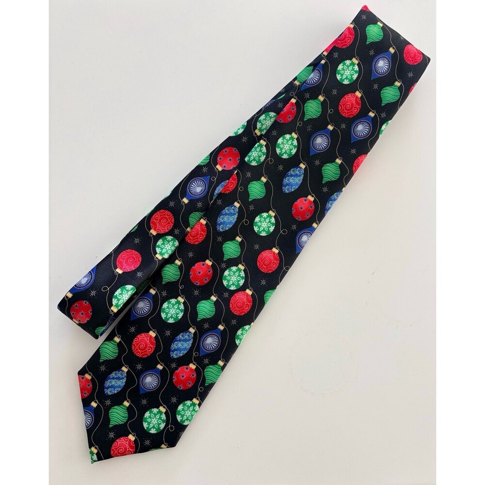 Tie Tales Black Mens Tie Christmas Balls Ornaments Holiday Polyester Necktie